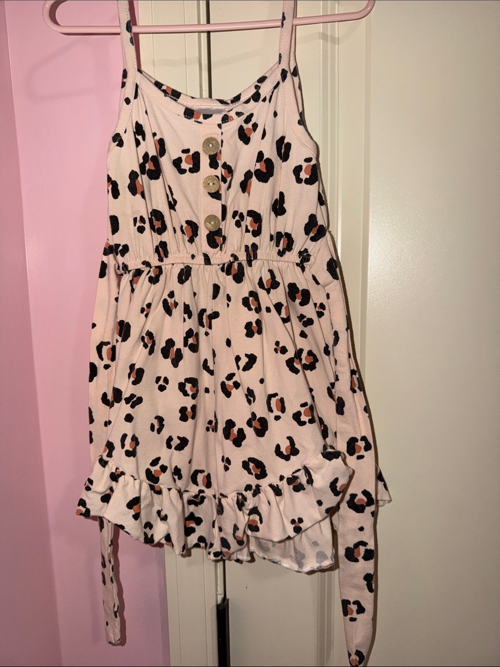 Girls Pink Leopard-Print Romper with Ruffle Hem